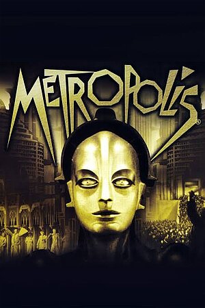 Movie poster for film Metropolis featuring portrait-like sepia-toned image of a roboface