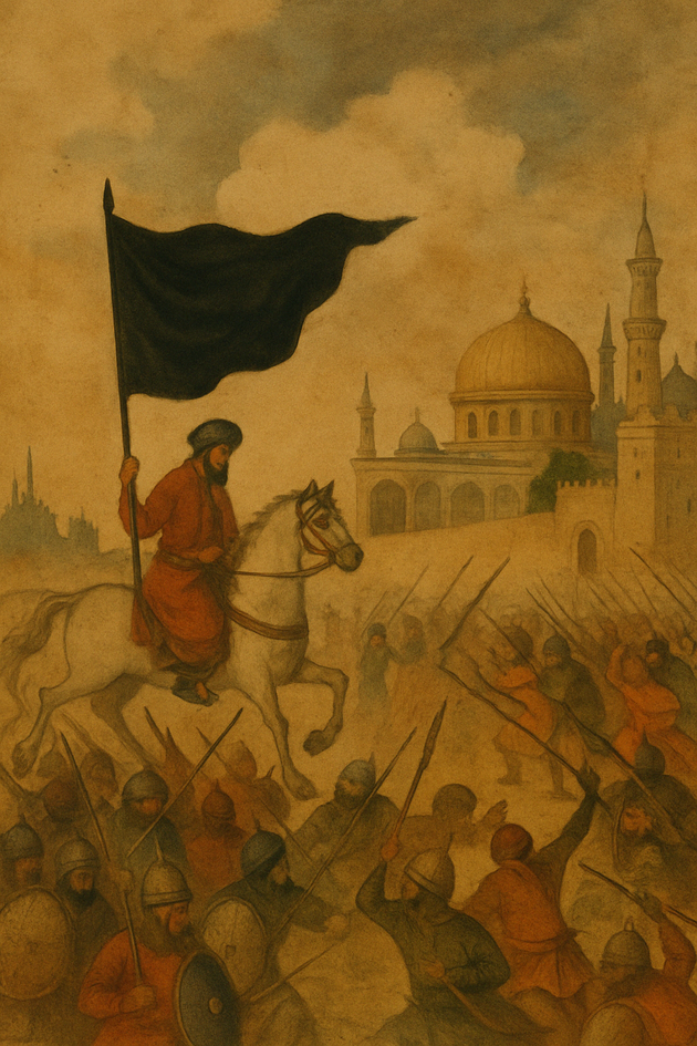 Old image of great war with man holding black flag from horse