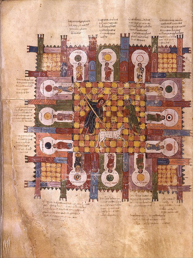Manuscript page with script and square-like diagram of apocalypse