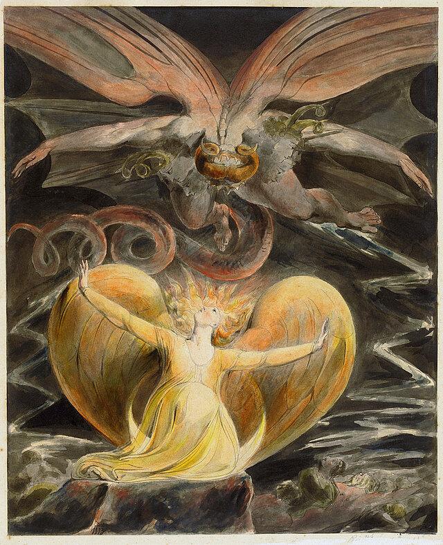 William blake painting of red dragon and woman clothed in sun