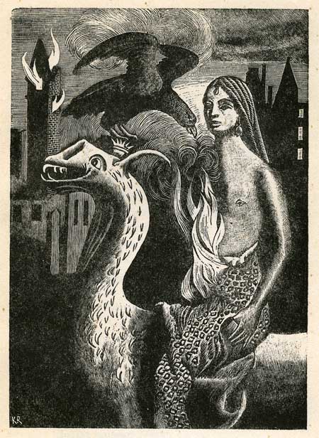 Print of Karl Rössing, Whore of Babylon, riding the first beast, from Revelation 18